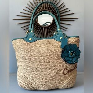 Coach - Teal-Trim Straw Hobo with Floral Leather Charm